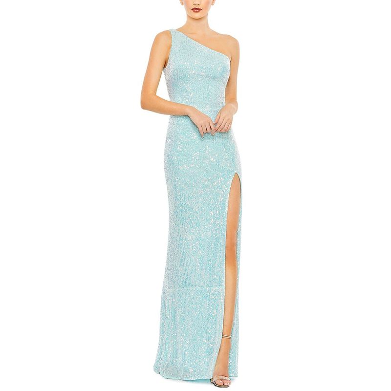 Mac Duggal Womens Sequined One Shoulder Draped Back Gown